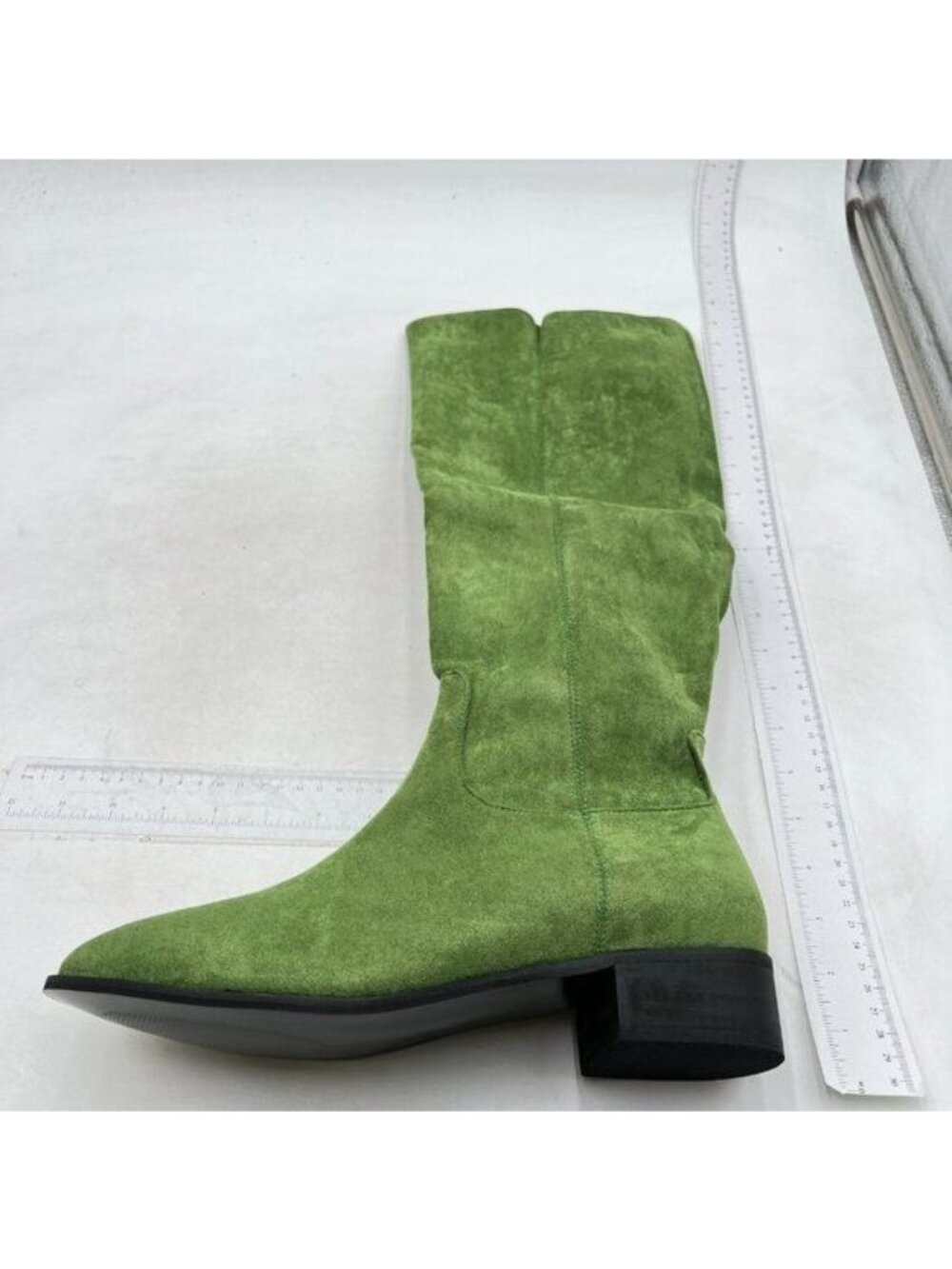 Knee High Boots Women Faux Leather Elastic Boots Low Heel Round Toe Green